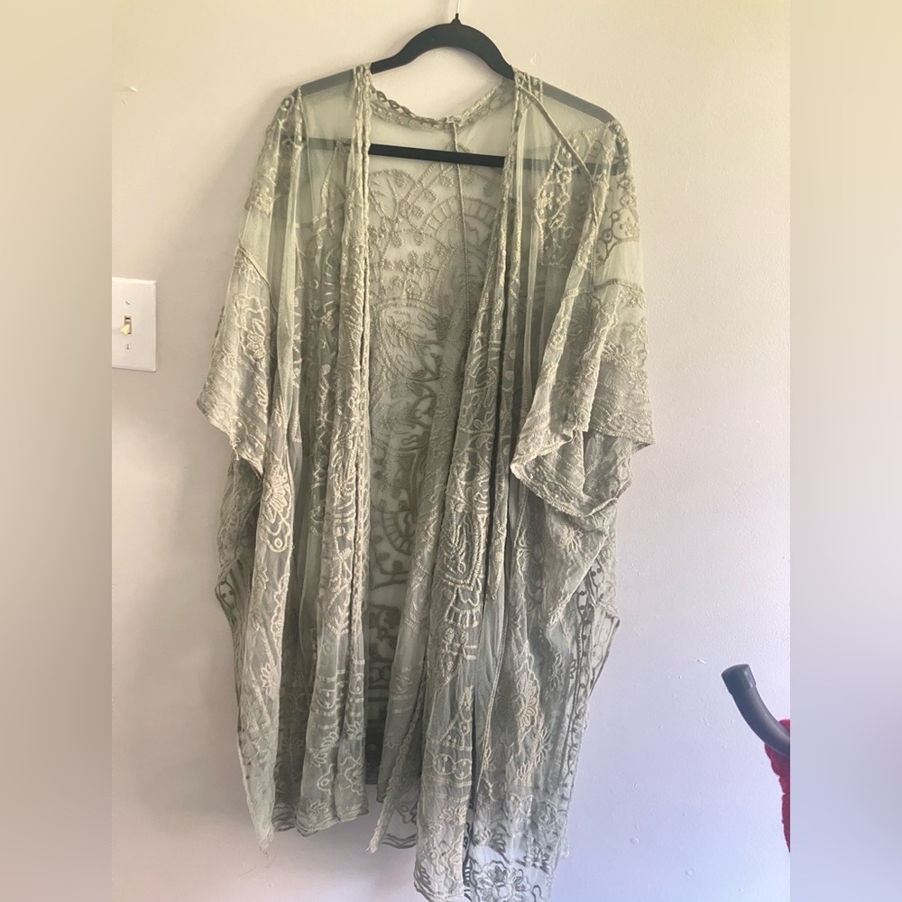 Sheer Embroidered Sage Green Kimono